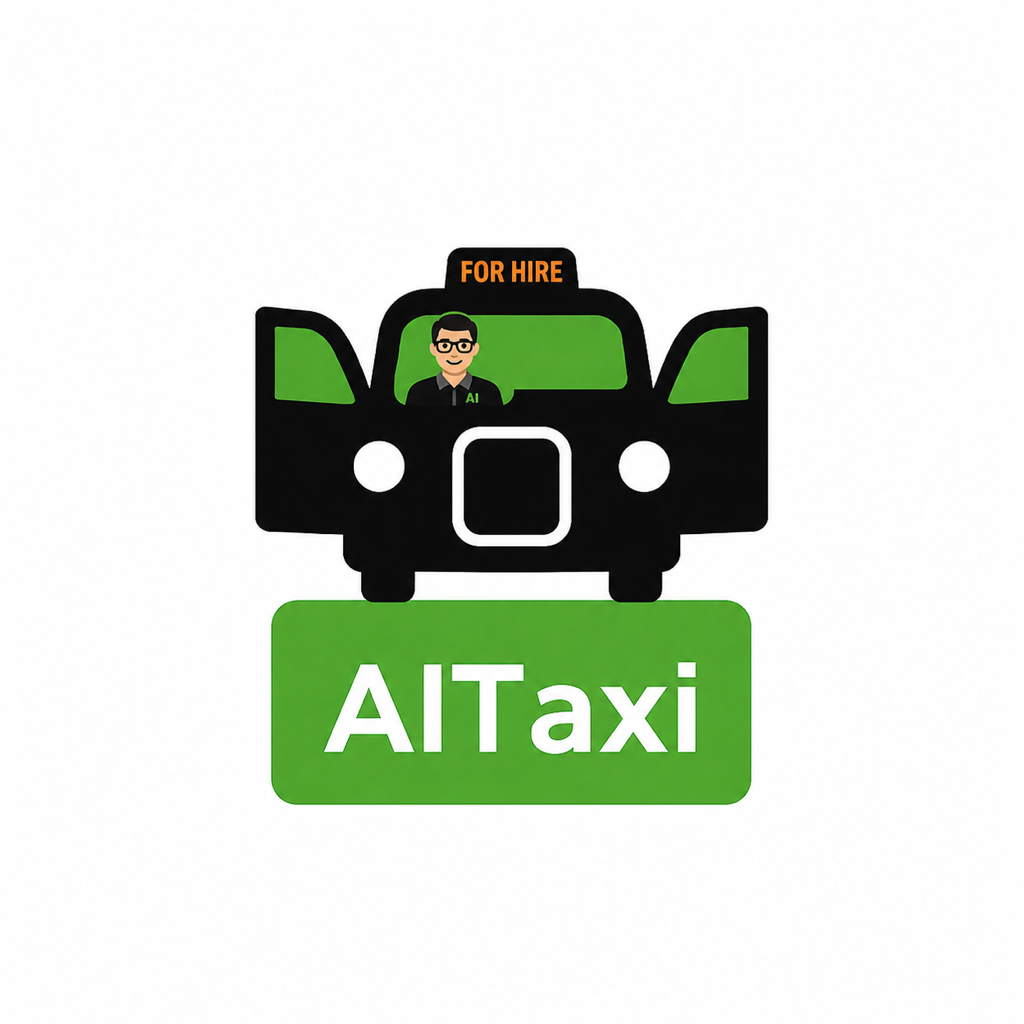 One human AiTaxi Driver seated alone in the UK right-hand driver's seat beneath an orange FOR HIRE roof sign