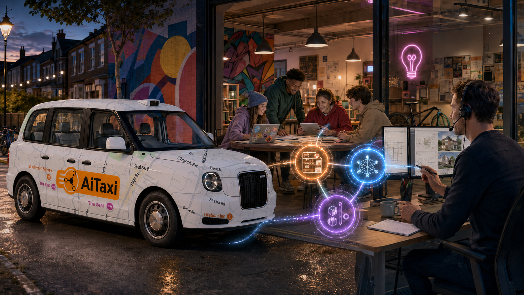 A community group collaborating with a remote human AI specialist, connected through the AiTaxi journey metaphor